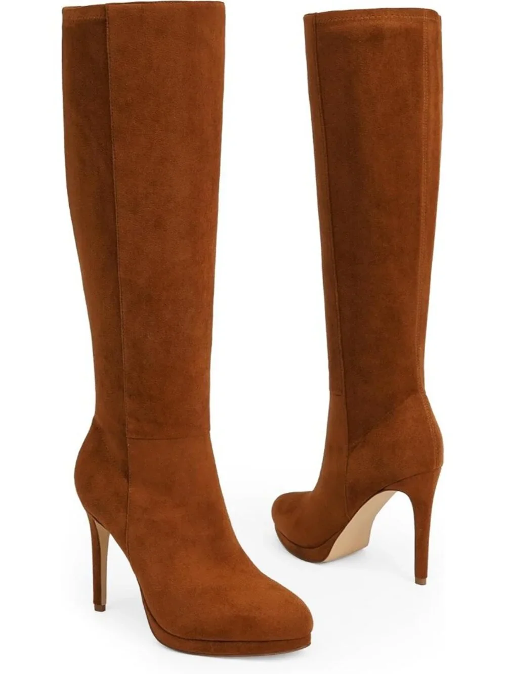 Women's Brown Suede Round Toe Stiletto Heels Fall Tall Platform Boot Side Zipper